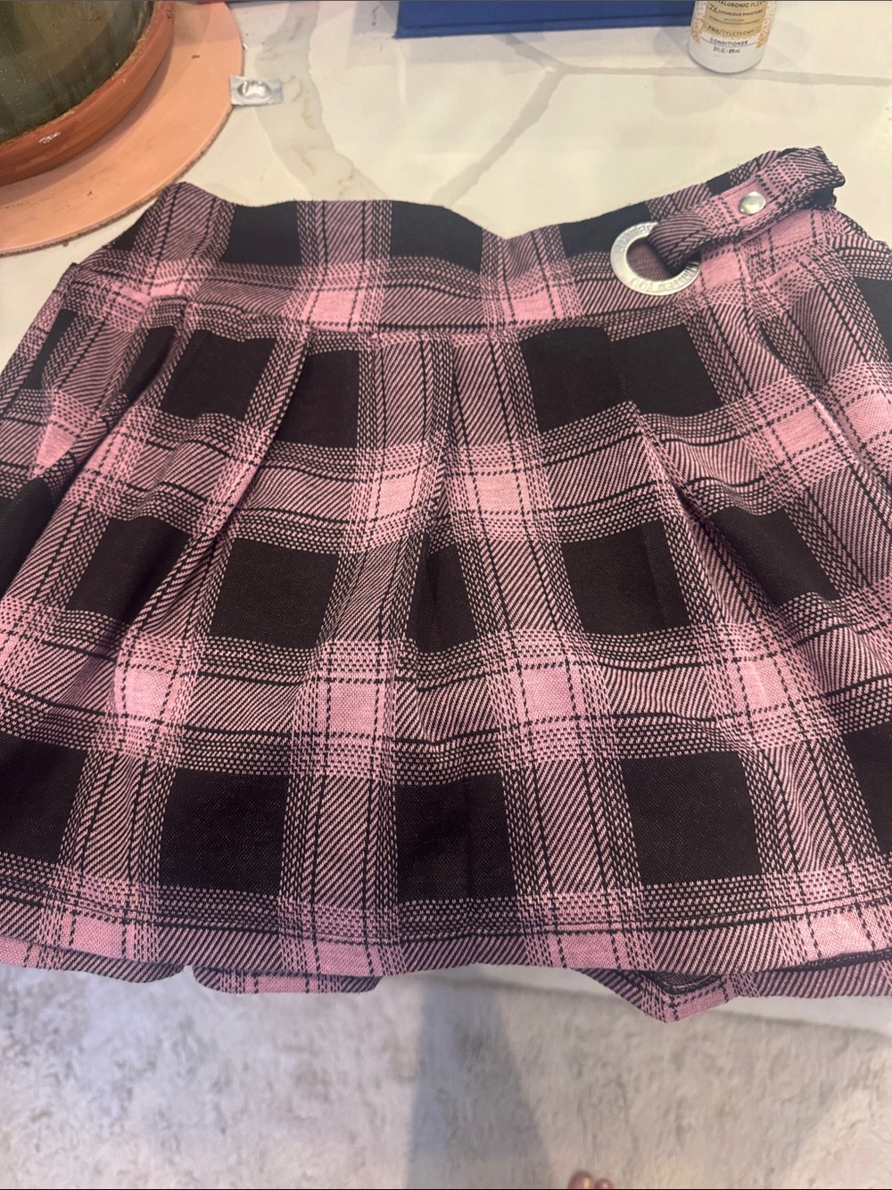 Limited Too Pink and Black Plaid Pleated Mini Skirt with Ring Accent